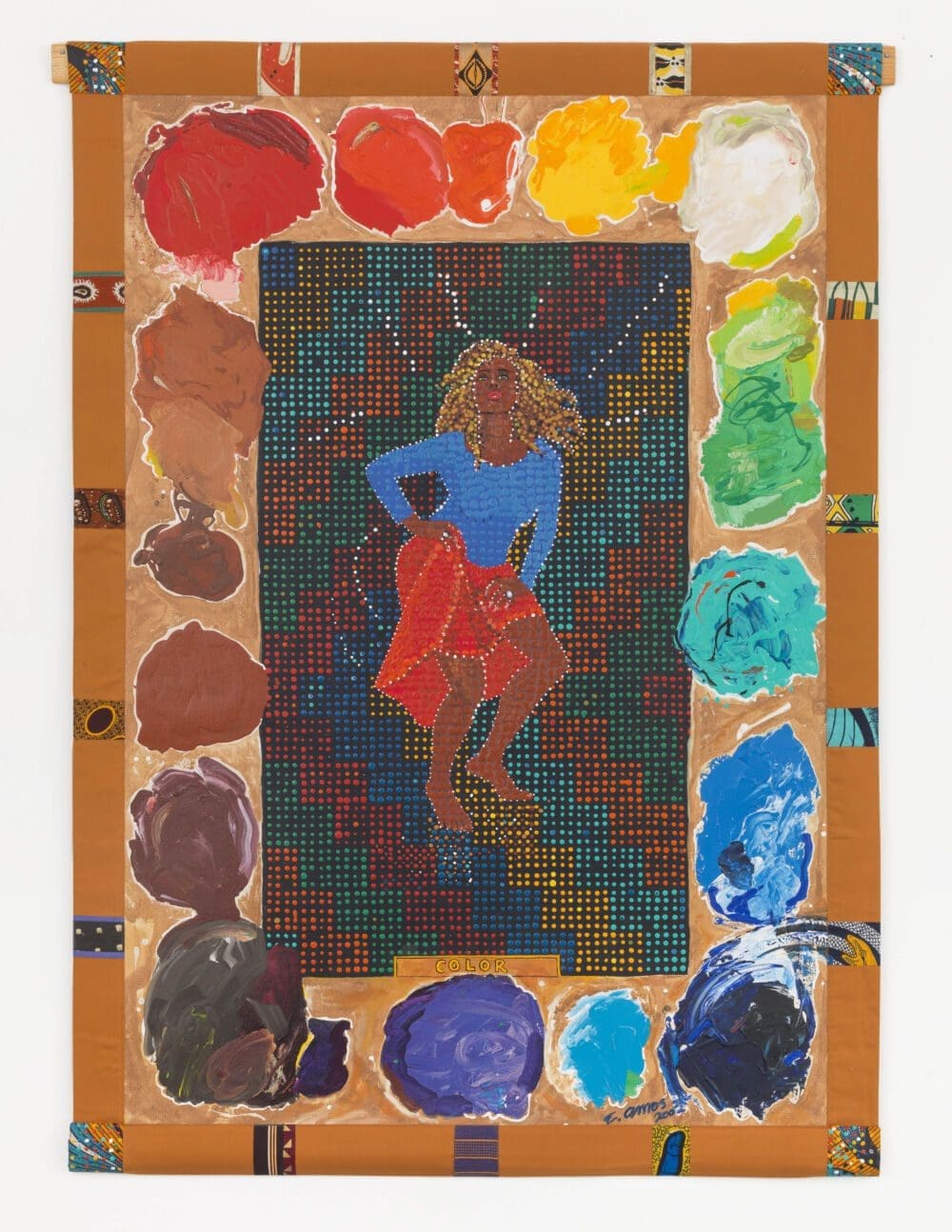 Emma Amos Color, 2002 Acrylic on canvas with African fabric borders 66 1/2 x 47 1/4 inches (168.9 x 120 cm)