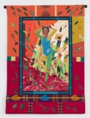 Emma Amos My Mother was the Greatest Dancer, 2007 Acrylic on canvas with African fabric borders and fabric collage 59 x 42 1/4 inches (149.9 x 107.3 cm)