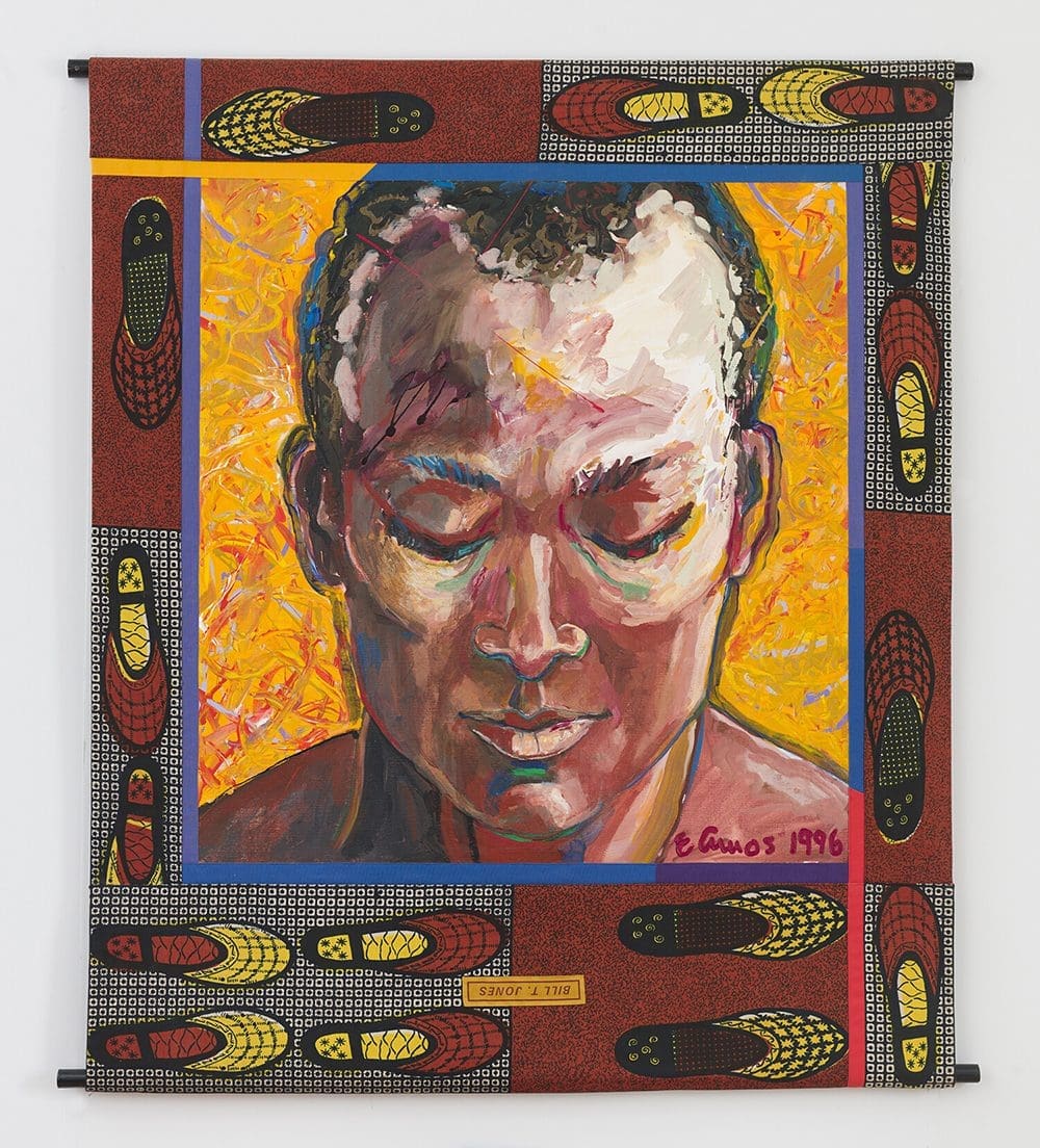 Emma Amos Bill T. Jones, 1996 Acrylic on canvas with African fabric borders 59 x 48 1/2 inches (149.9 x 123.2 cm)
