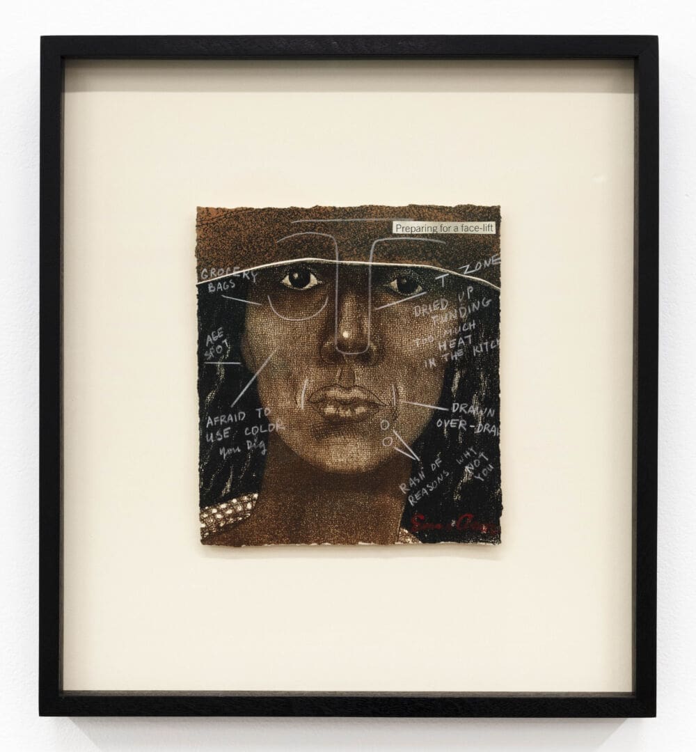 Preparing for a Facelift, 1981 Mixed media drawing over etching with collage, 16 3/8 x 14 7/8 x 1 3/4 inches (41.6 x 37.8 x 4.4 cm)