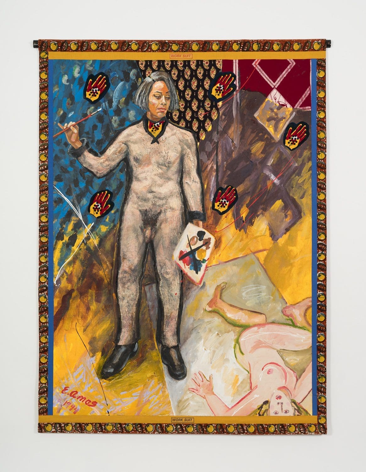 Work Suit, 1994, Acrylic on linen with African fabric borders and photo transfer, 74 1/2 × 54 1/2 inches (189.2 × 138.4 cm)