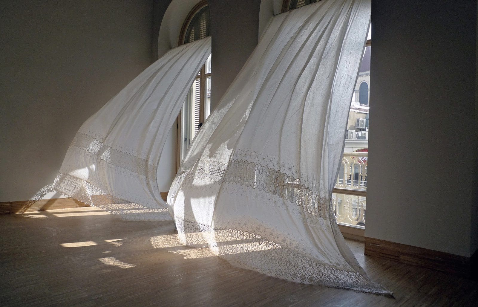 Melancholia in Arcadia, 2011, Lace curtains, textile hardener, Exhibited at: SALT, Istanbul, Turkey, Curated by: Vasif Kortun