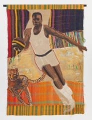 22 and Cheetah, 1983, Acrylic and handwoven fabric on linen, 84 x 62 inches (213.36 x 157.48 cm)