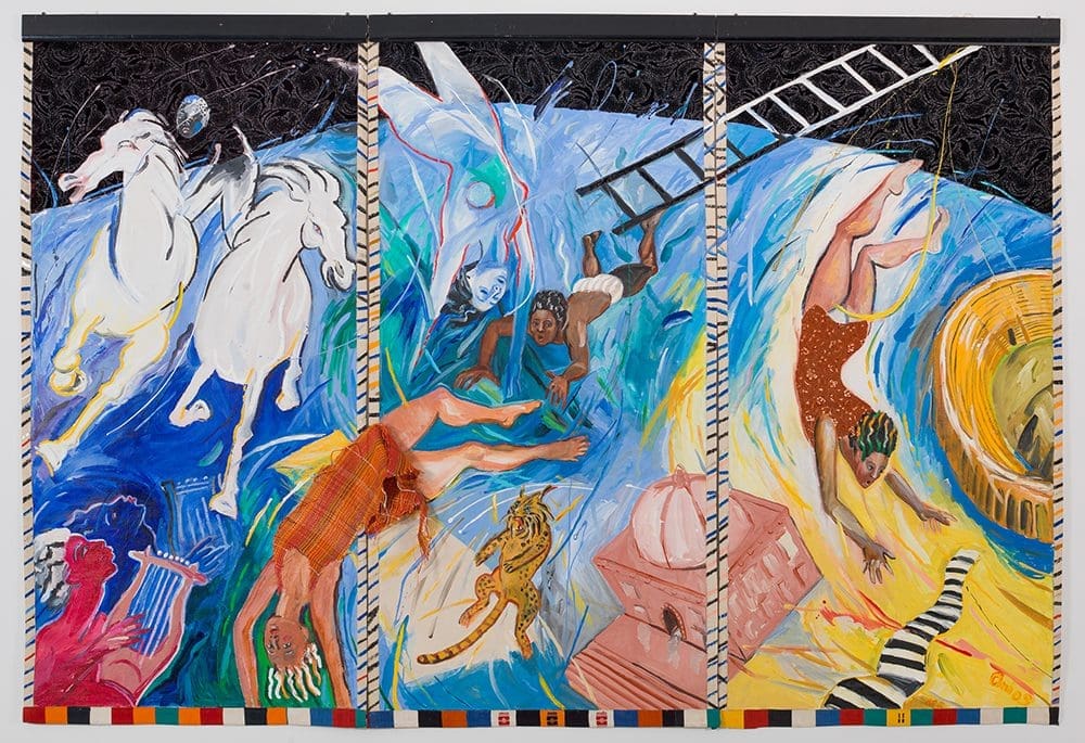 Emma Amos Flying Circus, 1988 Acrylic on canvas with hand-woven fabric and African fabric borders (triptych) 78 x 120 inches (198.1 x 304.8 cm)