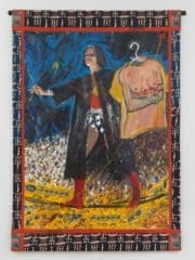 Tightrope, 1994, Acrylic on linen with African fabric borders, 82 x 58 inches
