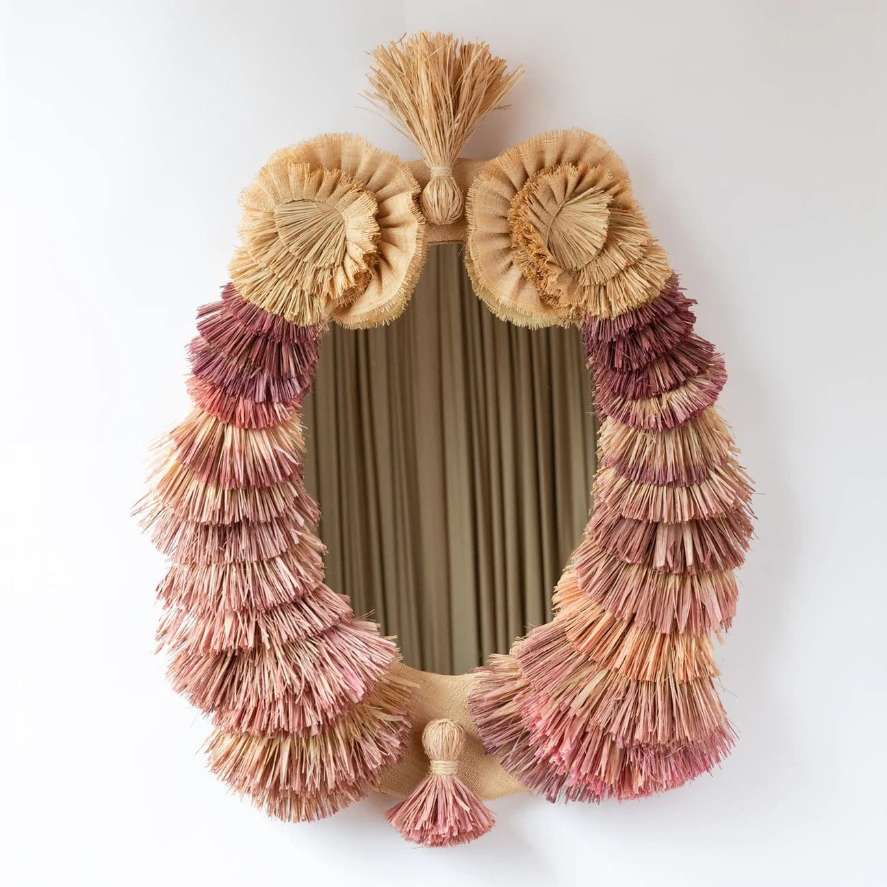 Lutfi Janania, Ampala, 2022, Fabricated wooden frame draped in woven palm fiber with hand-dyed, layered fringe fans and hand-tied flare bundles, 37 x 27 x 6 inches (94 x 68.6 x 15.2 cm)
