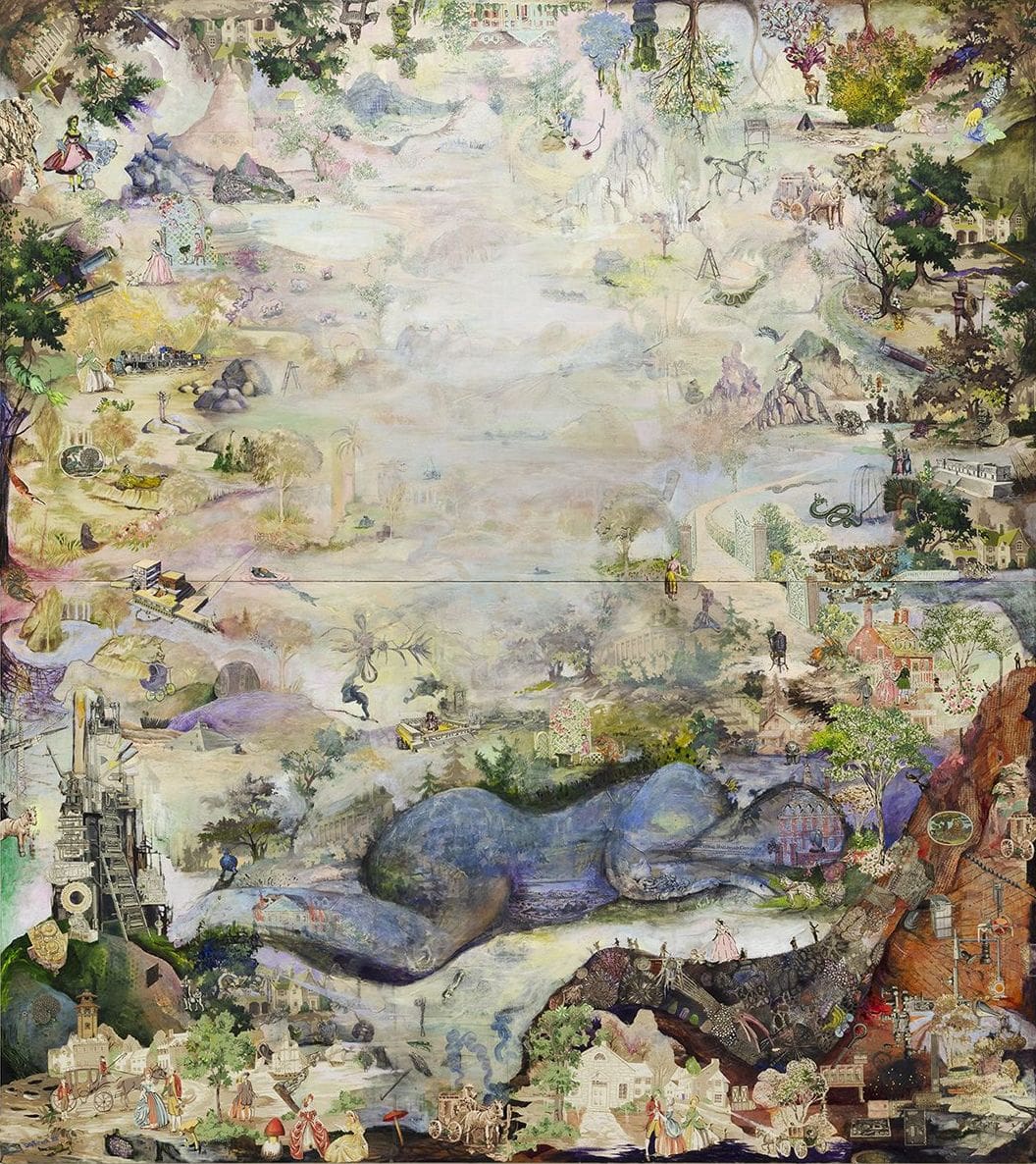 Napping at the Altar of the Gods, 2022 Ink, acrylic, antique wallpaper on panel 33 3/4 x 60 1/2 inches (85.7 x 153.7 cm) each 67 1/2 x 60 1/2 inches (171.5 x 153.7 cm) total