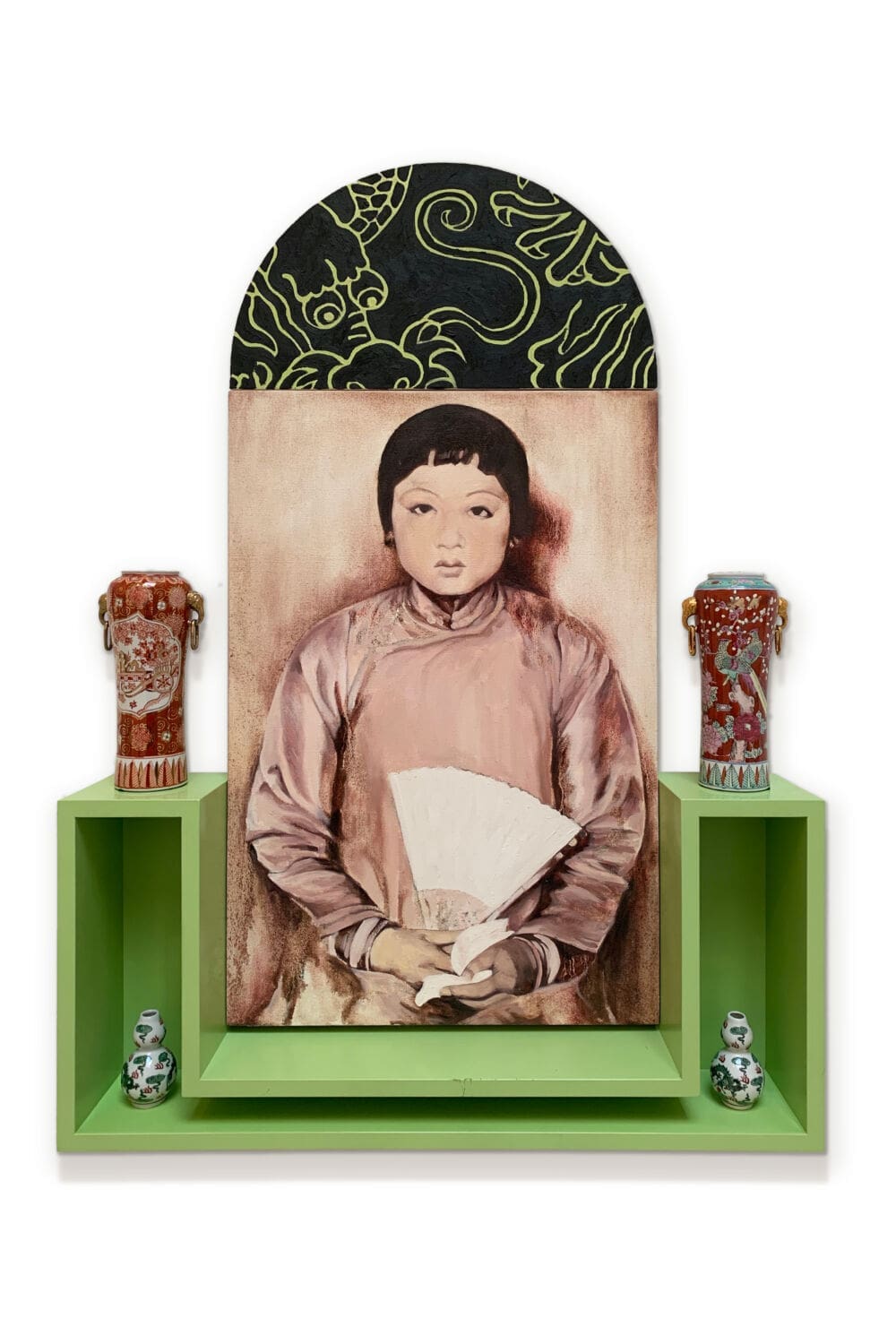 Hung Liu Fan, 1992 Oil on canvas, lacquered wood, ceramics