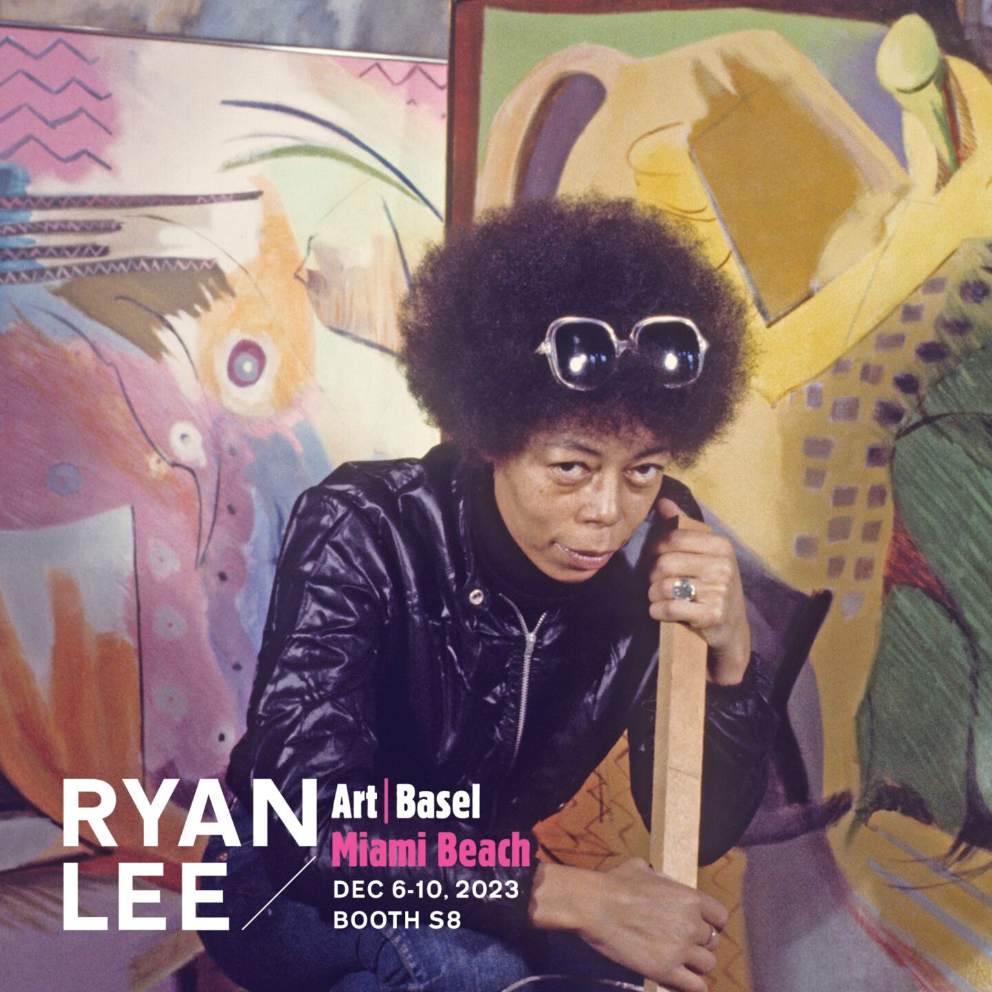 A woman crouches in front of large canvases and stare straight at the camera. Embedded in the image is the RYAN LEE logo and the text: Art Basel Miami Beach, Dec 6-10, 2023. Booth S8